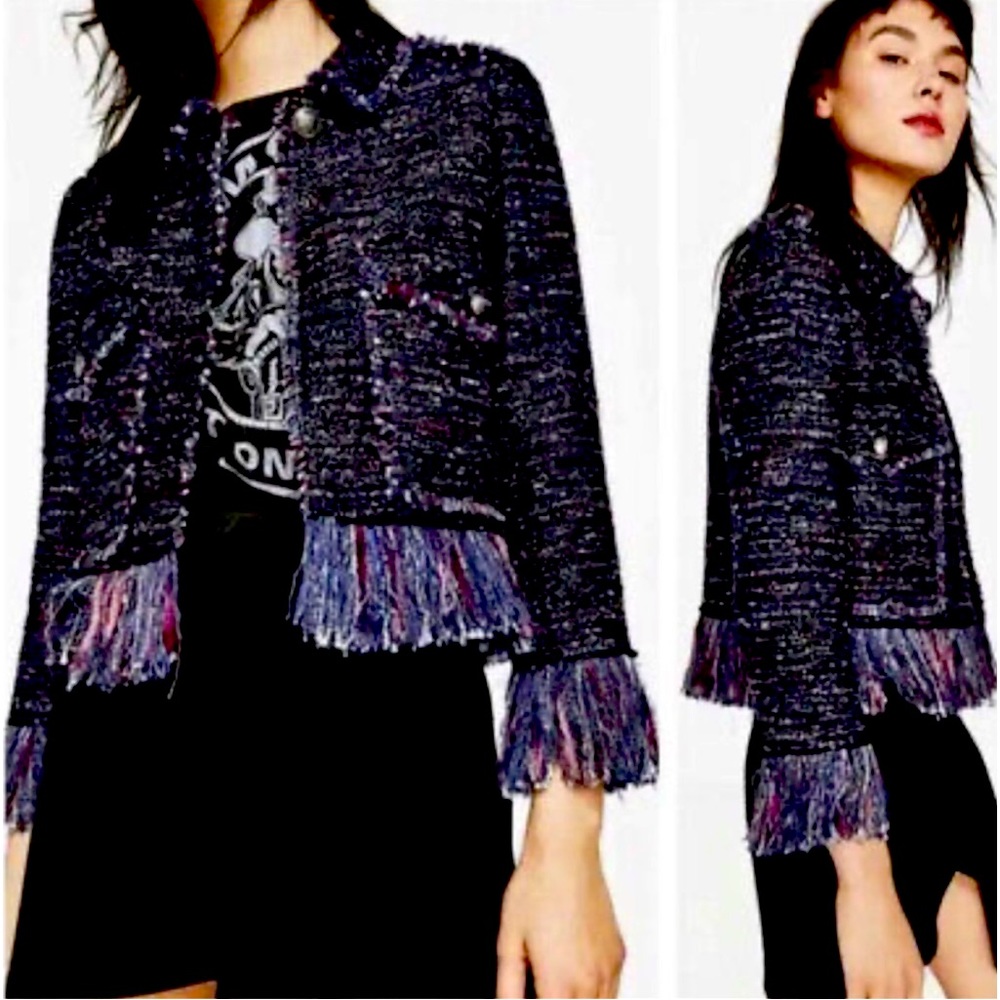 Zara Tweed Metallic Fringe Jacket Coat